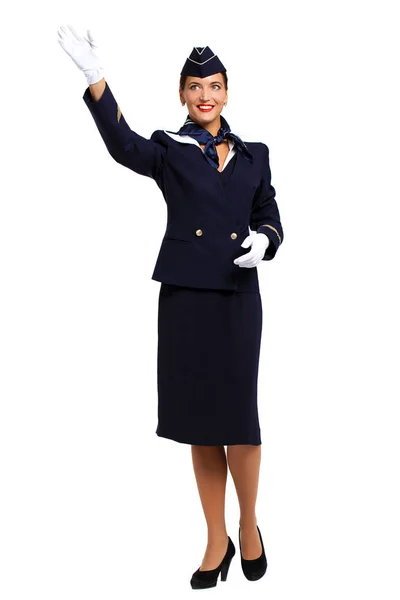 Piękna, uśmiechnięta stewardesa na białym tle na białym tle — Zdjęcie stockowe