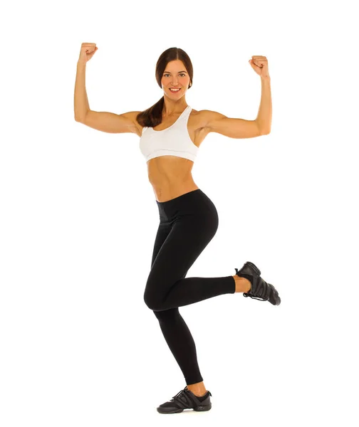 Young healthy girl doing exercises, full length portrait isolate — Stock Photo, Image