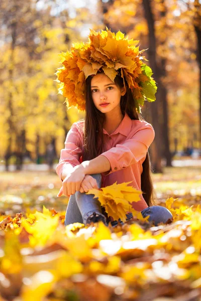 Feliz joven hermosa chica con una corona de hojas de arce en autu —  Fotos de Stock