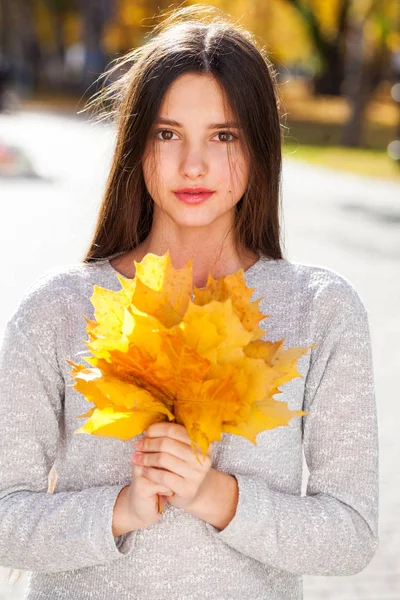 노란 단풍나무 잎을 가진 아름다운 소녀 의사 진 — 스톡 사진