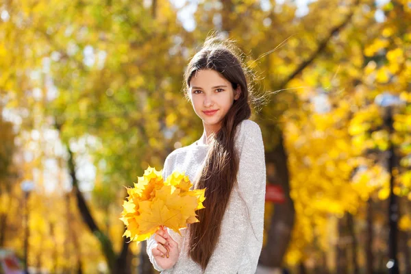 Portrait d'une jeune belle fille aux feuilles d'érable jaunes — Photo