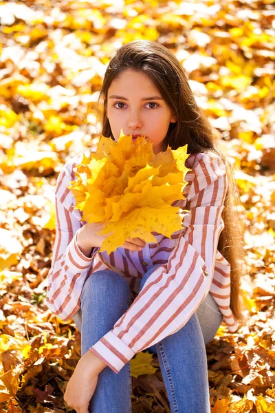Πορτρέτο ενός νεαρού όμορφου κοριτσιού με κίτρινα φύλλα σφενδάμου — Φωτογραφία Αρχείου