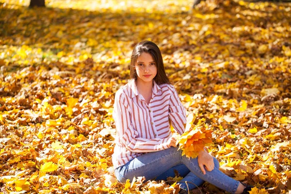 Retrato de uma jovem menina bonita com folhas de bordo amarelas — Fotografia de Stock