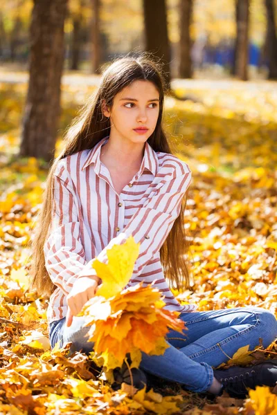 Retrato de una joven hermosa con hojas de arce amarillo — Foto de Stock