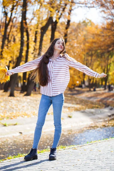 Pretty brunette little girl posing in autumn park background — Stock Photo, Image