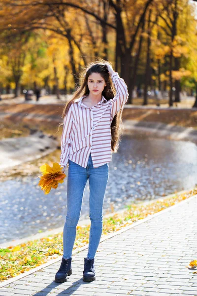 Linda niña morena posando en el fondo del parque de otoño —  Fotos de Stock