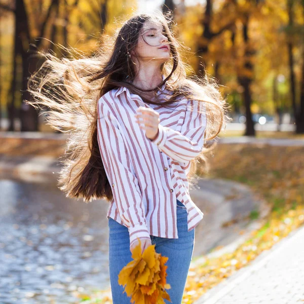 Jolie petite fille brune posant en arrière-plan de parc d'automne — Photo