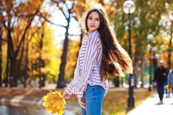 Pretty brunette little girl posing in autumn park background — Stock Photo, Image