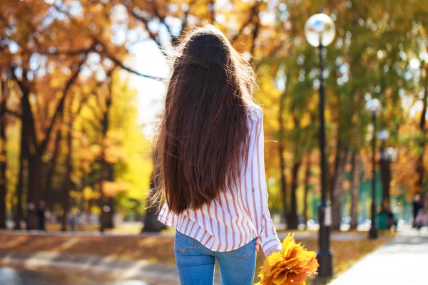 Voltar vista cabelo morena menina posando no parque de outono — Fotografia de Stock