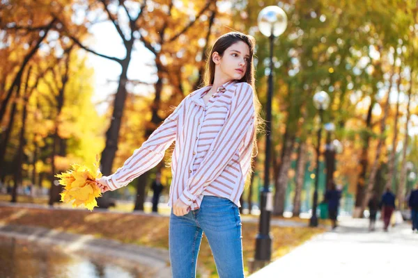 Pretty brunette little girl posing in autumn park background — Stock Photo, Image