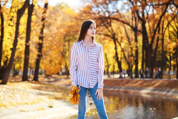 Linda niña morena posando en el fondo del parque de otoño —  Fotos de Stock