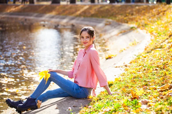 Гарненька брюнетка маленька дівчинка позує на фоні осіннього парку — стокове фото