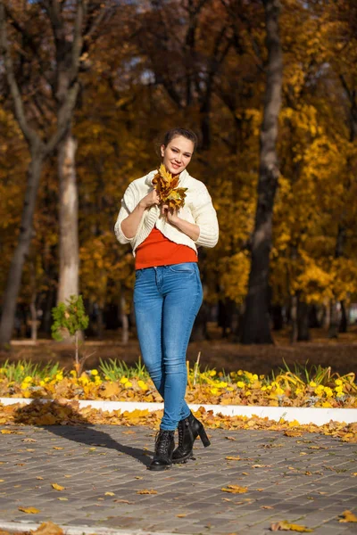 Ung vacker kvinna i blå jeans poserar i höstparken — Stockfoto