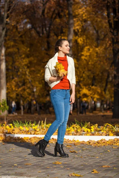 Ung vacker kvinna i blå jeans poserar i höstparken — Stockfoto