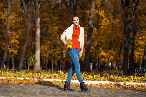 Young beautiful woman in blue jeans posing in autumn park — Stock Photo, Image