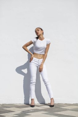 Model testleri. Genç güzel esmer model bir whi karşı poz