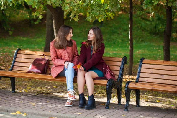 Sonbahar parkında bir bankta dinlenen iki güzel kız. — Stok fotoğraf