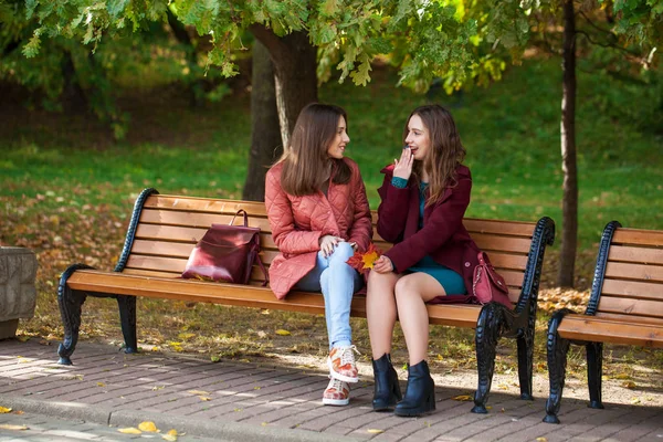 Two beautiful girls resting on a bench in the autumn park — Stock Photo, Image