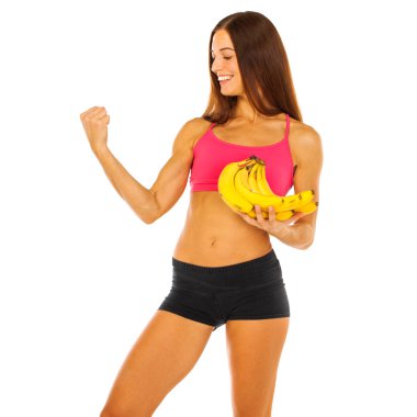 Beyaz arka planda izole edilmiş muzları olan güzel genç bir model.