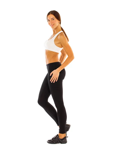 Genç sağlıklı kız egzersizleri yapıyor, tam uzunlukta portre izole — Stok fotoğraf