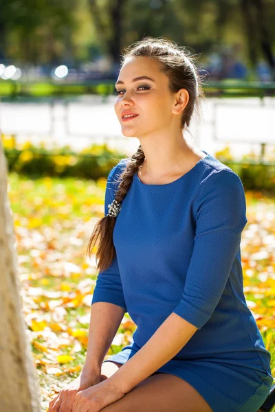 Jonge mooie brunette vrouw in blauwe jurk in herfst Park — Stockfoto