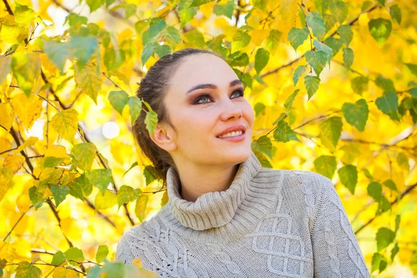 Glückliche brünette Frau in einem grauen Pullover vor einem herbstlichen Hintergrund — Stockfoto