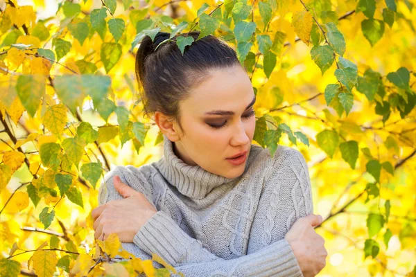 가을에 회색 스웨터를 입은 행복 한 갈색 여성 — 스톡 사진