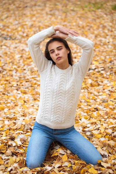 Menina bonita nova em jeans azuis e suéter gwhite — Fotografia de Stock