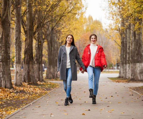 Gri yün ceketli ve kırmızı ceketli iki kız arkadaş. — Stok fotoğraf