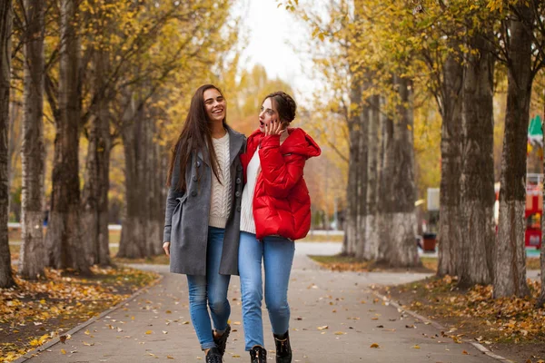 Twee vriendinnen in een grijze wollen jas en een rode donsjas — Stockfoto