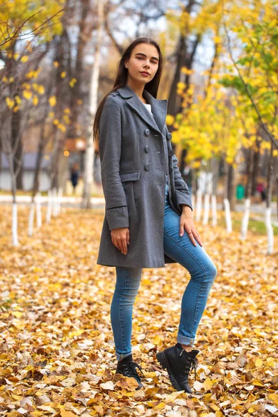 Портрет молодой красивой девушки в синих джинсах и сером пальто — стоковое фото