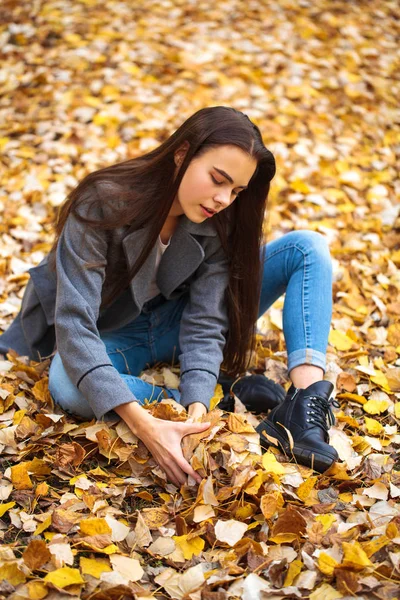 Chica joven en pantalones vaqueros azules y abrigo gris se sienta en las hojas de otoño en — Foto de Stock