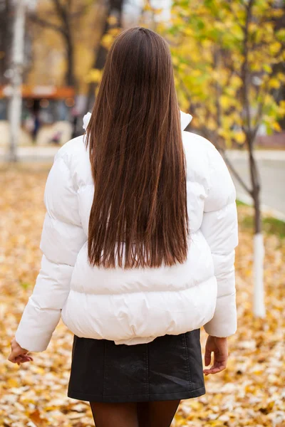 Longue Brunette vue arrière, parc d'automne en plein air — Photo