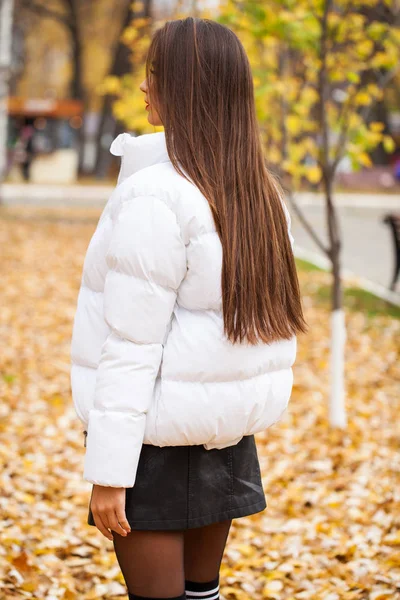 Long Brunette hair back view, autumn park outdoors