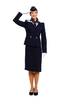 Mavi üniformalı güzel Rus hostes. 