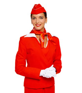 Kırmızı üniformalı güzel Rus hostes. 