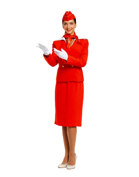 Νεαρή όμορφη Ρωσίδα αεροσυνοδός με κόκκινη στολή — Φωτογραφία Αρχείου