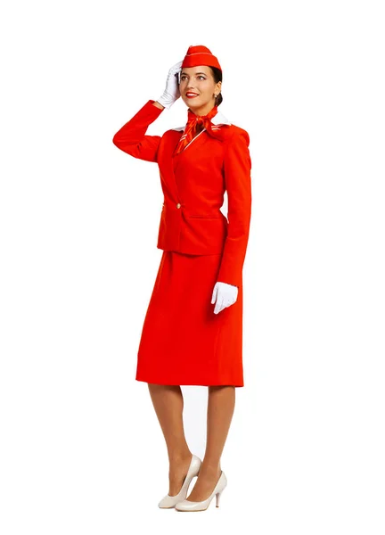 Jeune belle hôtesse russe en uniforme rouge — Photo
