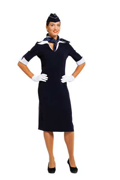 身穿蓝色制服的年轻漂亮的俄罗斯空姐 — 图库照片