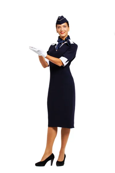 Giovane bella hostess russa in uniforme blu — Foto Stock