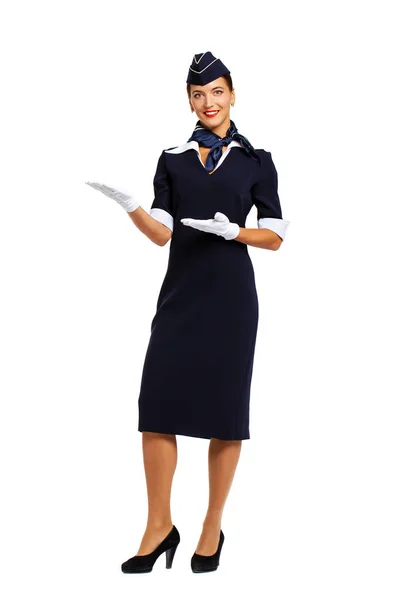 Młoda piękna rosyjska stewardessa w niebieskim mundurze — Zdjęcie stockowe