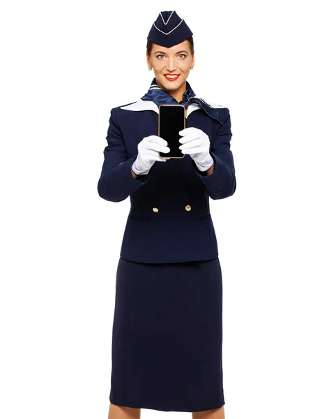 Młoda piękna rosyjska stewardessa w mundurze — Zdjęcie stockowe