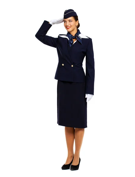 Young beautiful Russian stewardess in blue uniform — Stock Photo, Image