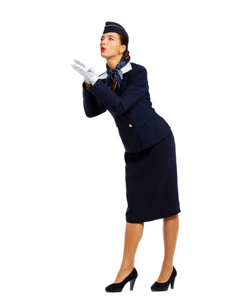 Young beautiful Russian stewardess in blue uniform — Stock Photo, Image