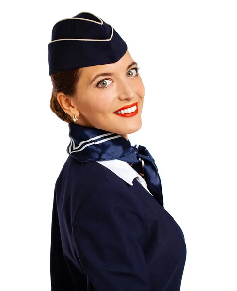 Joven azafata rusa hermosa en uniforme azul — Foto de Stock