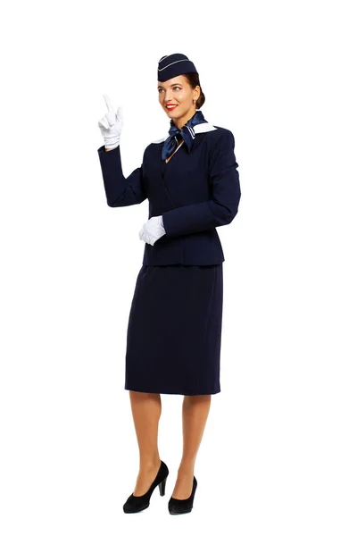 Junge schöne russische Stewardess in blauer Uniform — Stockfoto