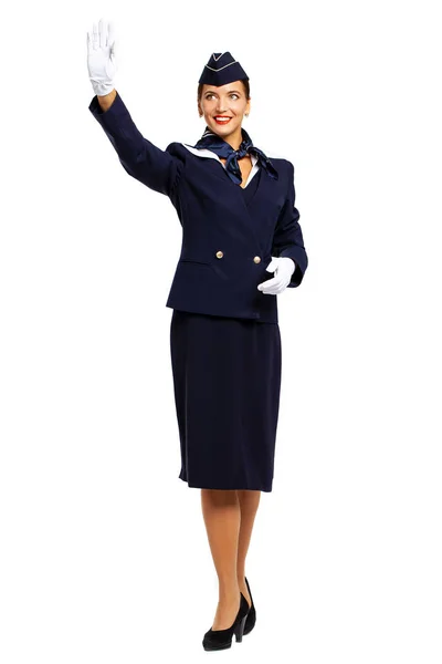 Young beautiful Russian stewardess in blue uniform — Stock Photo, Image