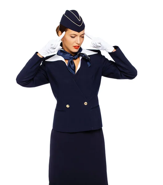 Junge schöne russische Stewardess in blauer Uniform — Stockfoto