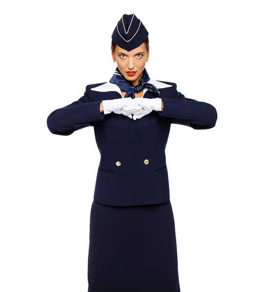 Nuori kaunis venäläinen lentoemäntä sinisessä univormussa — kuvapankkivalokuva