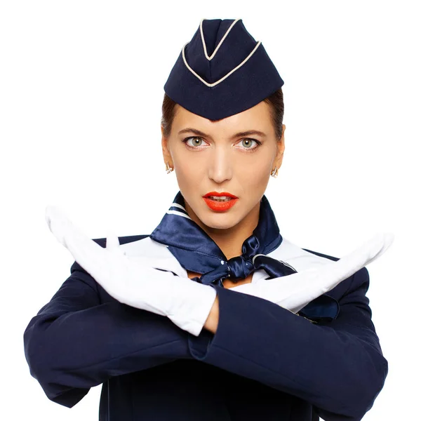 Jonge mooie Russische stewardess in blauw uniform — Stockfoto